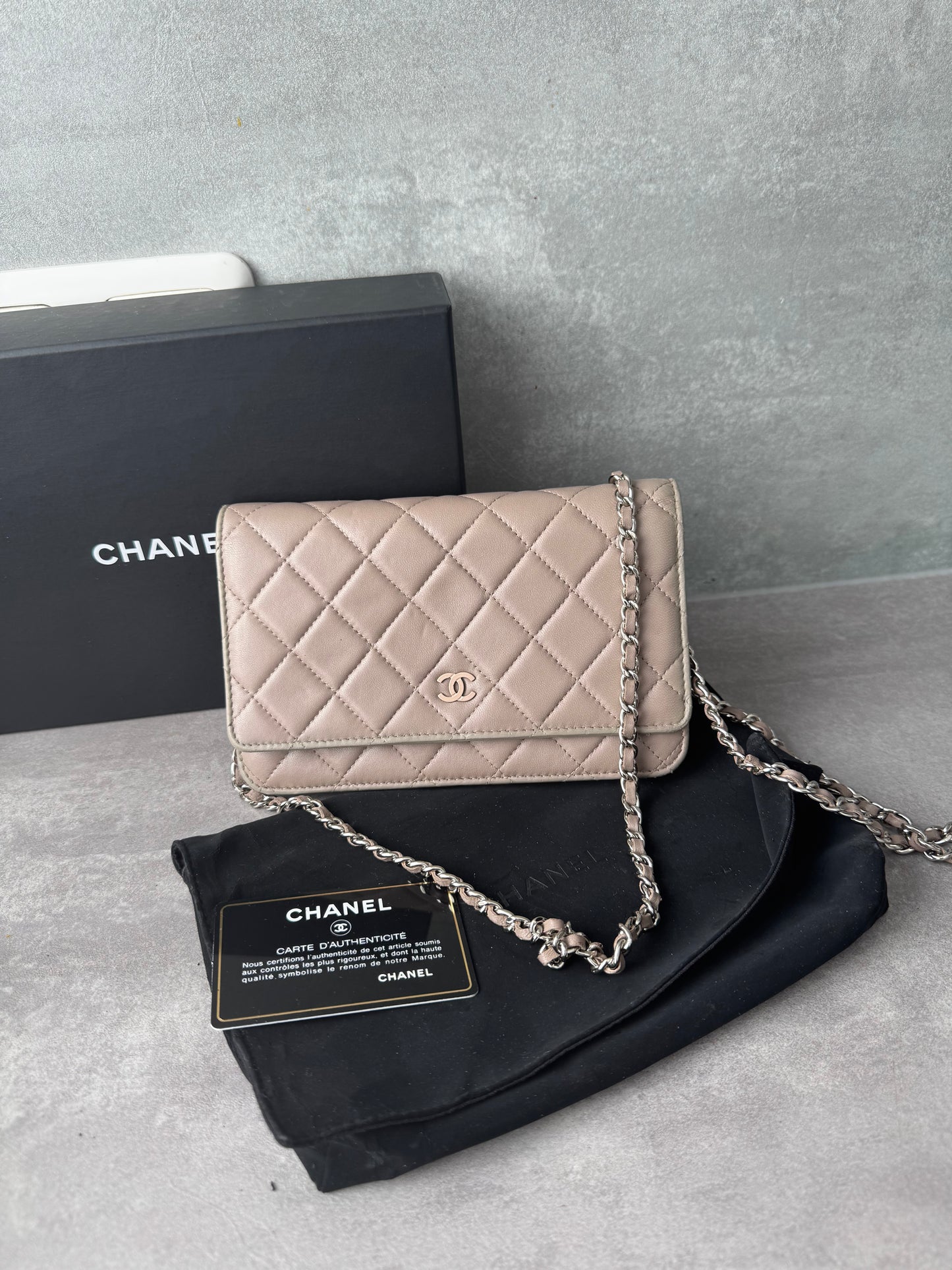 CHANEL Classic Wallet on Chain "WOC" Lambskin Taupe