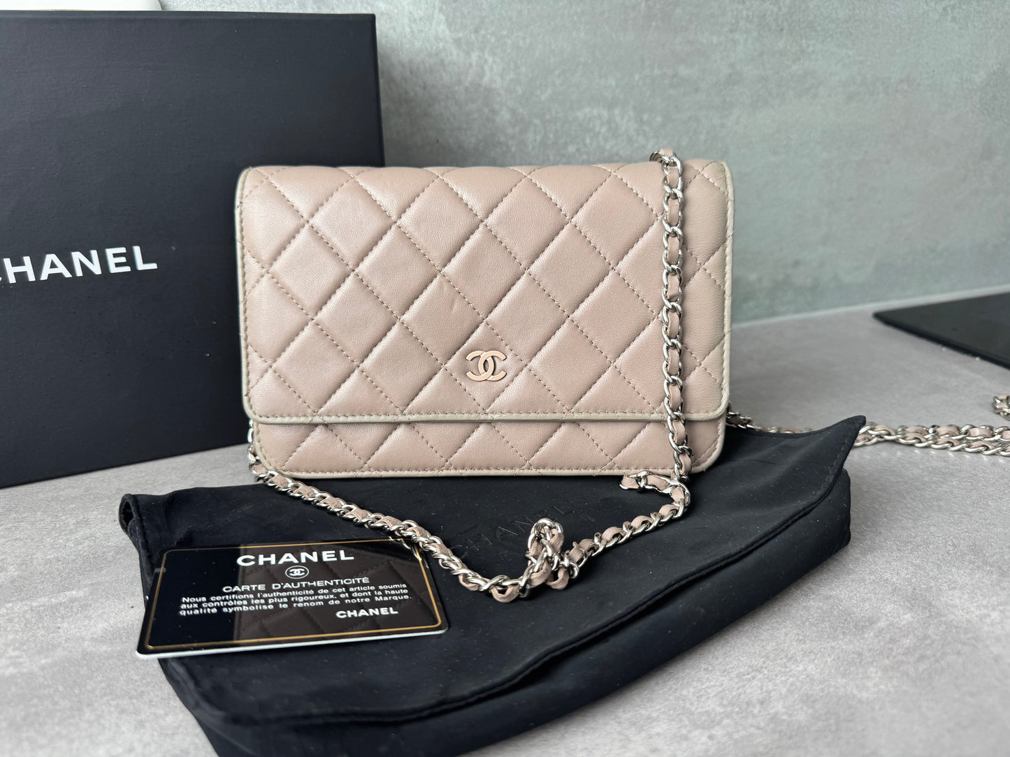 CHANEL Classic Wallet on Chain "WOC" Lambskin Taupe