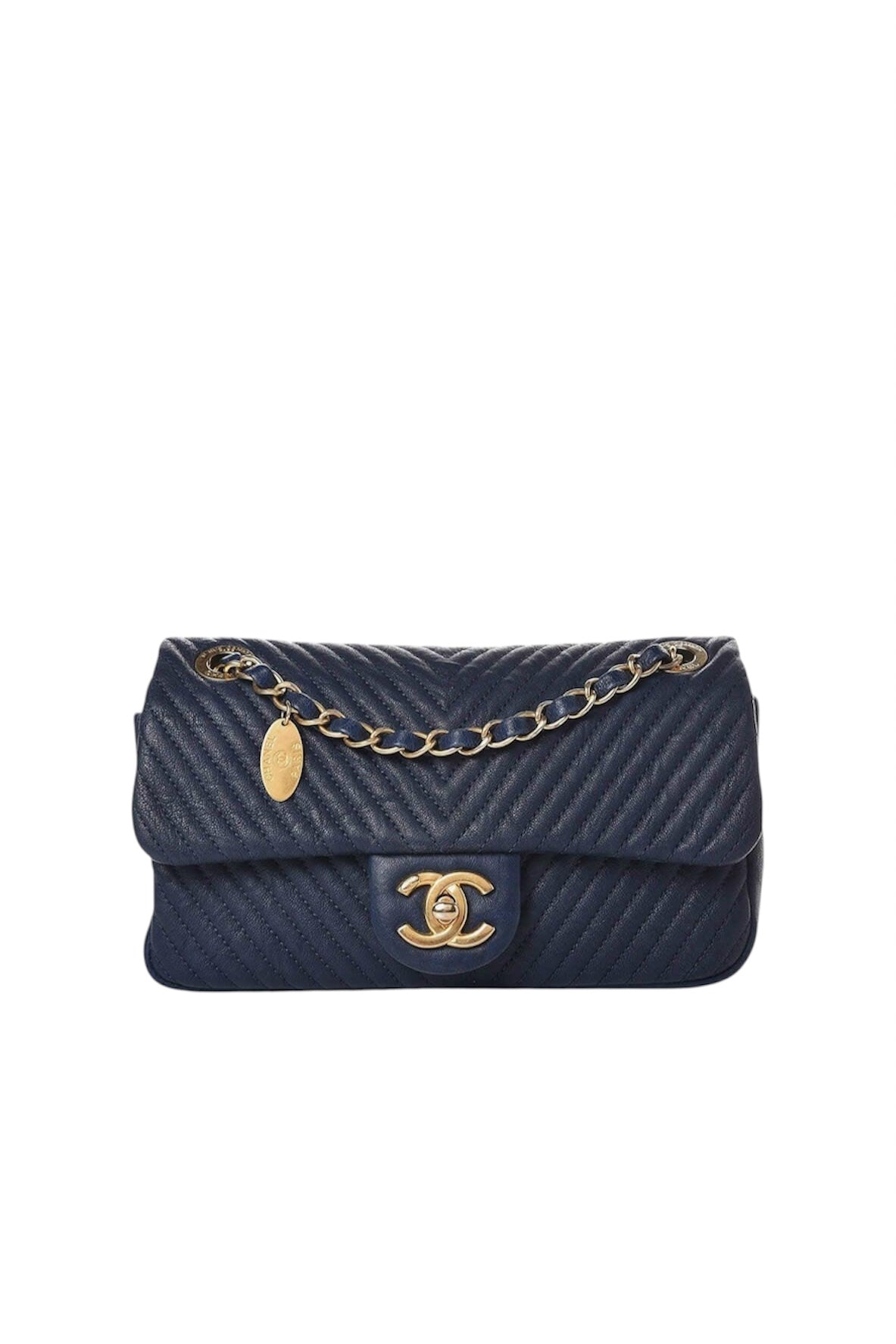 CHANEL Small Chevron Quilted Flap Bag in Navy Distressed Lambskin